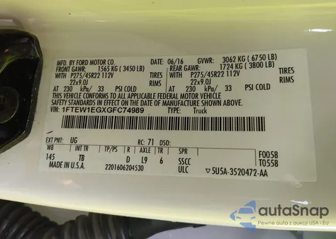 2016 Ford F-150 King Ranch/Lariat/Limited/Platinum/Xl/Xlt z USA, uszkodzony, nr VIN 1FTEW1EGXGFC74989